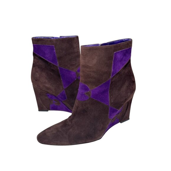 FENDI Geometic Brown Purple Suede Wedge Boots Futuristic Y2K Aesthetic Size 8.5 - Picture 3 of 16